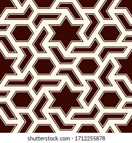 Oriental ancient mosaic seamless pattern. Arabesque ornament. Repeated geometric figures, hexagon, star motif surface print. Ornamental wallpaper. Geo design digital paper. Vector abstract background