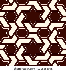 Oriental ancient mosaic seamless pattern. Arabesque ornament. Repeated geometric figures, hexagon, star motif surface print. Ornamental wallpaper. Geo design digital paper. Vector abstract background