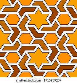 Oriental ancient mosaic seamless pattern. Arabesque ornament. Repeated geometric figures, hexagon, star motif surface print. Ornamental wallpaper. Geo design digital paper. Vector abstract background