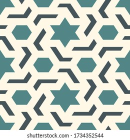 Oriental ancient mosaic seamless pattern. Arabesque ornament. Repeated geometric figures, hexagon, star motif surface print. Ornamental wallpaper. Geo design digital paper. Vector abstract background