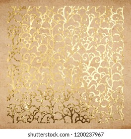 Oriental ancient pattern blooming abstract flowers in golden paint metallic foil decorative backdrop origami paper old texture with gold ink or glitter foil background Hanami spring festival vector