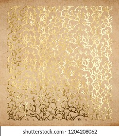 Oriental ancient pattern of blooming sakura tree in real golden paint metallic foil decorative backdrop origami paper vintage old texture with gold ink foil background Hanami spring festival vector