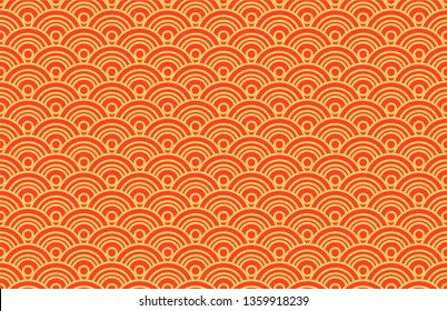 Oriental ancient seigaiha seamless pattern. Vintage background with waves of red and gold color. Symbol of good luck and prosperity. Suitable for origami and wishes for happiness. Vector