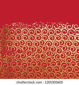 Oriental ancient spiraled pattern grungy real golden paint metallic foil on lucky red origami paper vintage old scratched gold ink or glitter background Chinese new year.
