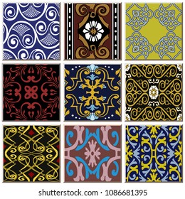 Oriental antique retro ceramic tile pattern combo collection set, vintage interior floor decoration.