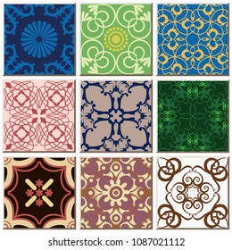 Oriental antique retro ceramic tile pattern combo collection set, vintage interior floor decoration.