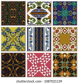 Oriental antique retro ceramic tile pattern combo collection set, vintage interior floor decoration.