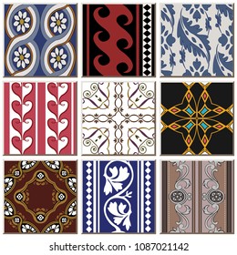 Orientale antike Retro-Keramikfliesen-Kombi-Set, Vintage Innenausstattung.