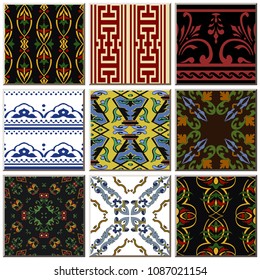 Oriental antique retro ceramic tile pattern combo collection set, vintage interior floor decoration.