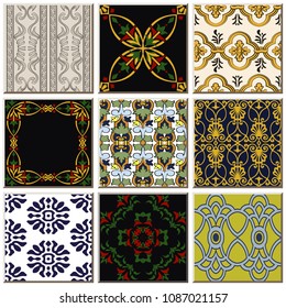 Oriental antique retro ceramic tile pattern combo collection set, vintage interior floor decoration.