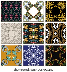 Oriental antique retro ceramic tile pattern combo collection set, vintage interior floor decoration.