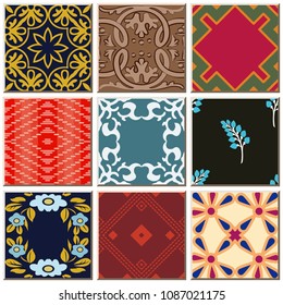Oriental antique retro ceramic tile pattern combo collection set, vintage interior floor decoration.