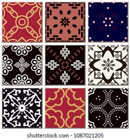 Oriental antique retro ceramic tile pattern combo collection set, vintage interior floor decoration.
