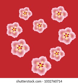 Oriental apricot or japanese cherry blossom petals isolated, flower elements falling vector illustration. Windy petals and pink flower vector elements flying, bloom confetti.