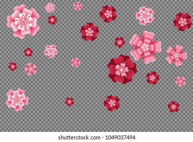 Oriental apricot or japanese cherry blossom petals isolated, flower elements falling vector illustration. Windy petals and pink flower vector elements flying, bloom confetti.