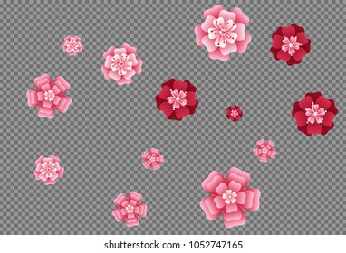 Oriental apricot or japanese cherry blossom petals isolated, flower elements falling vector illustration. Windy petals and pink flower vector elements flying, bloom confetti.