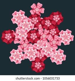 Oriental apricot or japanese cherry blossom petals isolated, flower elements falling vector illustration. Windy petals and pink flower vector elements flying, bloom confetti.