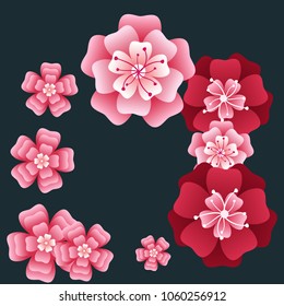 Oriental apricot or japanese cherry blossom petals isolated, flower elements falling vector illustration. Windy petals and pink flower vector elements flying, bloom confetti.