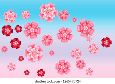 Oriental apricot or japanese cherry. Pink and red flowers falling on colored background.