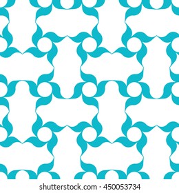 Oriental arabesque pattern. Blue lattice of stylized four-petal pinwheel-shaped flowers on white background. Vector seamless repeat.