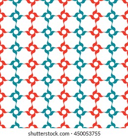 Oriental arabesque pattern. Lattice of stylized four-petal pinwheel-shaped flowers set in vertical red and blue stripes on white background. Vector seamless repeat.