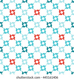 Oriental arabesque pattern. Red and blue lattice of stylized four-petal pinwheel-shaped flowers on white background. Vector seamless repeat.
