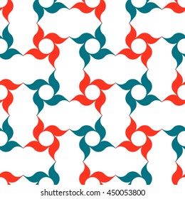Oriental arabesque pattern. Red and blue lattice of stylized pinwheel-shaped four-petal flowers on white background. Vector seamless repeat.