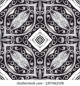 Oriental arabesque style black and white Paisley vector seamless pattern. Ornamental swirls background. Ethnic style hand drawn floral ornament with paisley flowers, dots, circles, shapes, lines, 