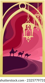 Oriental arch golden window with lanterns and desert landscape vector illustration. Cartoon Middle East scenery inside window Arabic frame, camels in caravan with bedouins travel through sand dunes