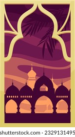 Oriental arch window with Middle East city landscape vector illustration. Cartoon arc doors and gates of Arab buildings, mosque silhouettes with domes inside golden window frame with Arabic ornament