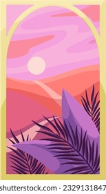 Oriental arch window with sunset landscape and tropical leaves vector illustration. Cartoon golden frame of Arabic window with Middle East desert, river and sun, contemporary minimal orient scenery