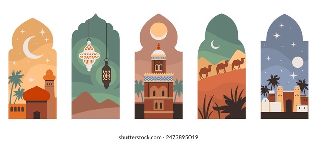 Oriental arch windows. Ramadan kareem, islamic style frames with desert landscapes, arab architecture, traditional lanterns. Religious holiday cartoon flat style isolated tidy vector set