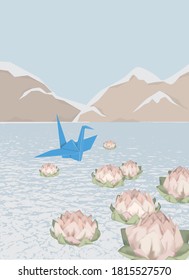 Oriental art collage. Paper crane and lotus flowers on the water.