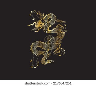 oriental art vector silhouette dragon rounds with black backgrounds golden