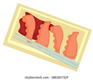 Oriental asian cuisine, isolated icon of plate with serving octopus tentacles with ketchup sauce and chopsticks. Culinary tradition of east. Marinated seafood. Recipe for restaurant. Vector in flat
