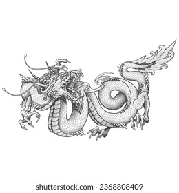 Oriental Asian dragon zodiac sign. Vector illustration in engraving technique of coiled serpent dragon with horns on white background.