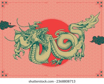 Oriental Asian green dragon zodiac sign. Vector illustration in engraving technique of coiled serpent dragon with horns on traditional textured sky background with clouds.