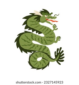 Oriental Asian green wooden dragon, lunar symbol upcoming 2024 New Year, Traditional Asian mythical animal. Vector hand-drawn illustration with retro vibes.