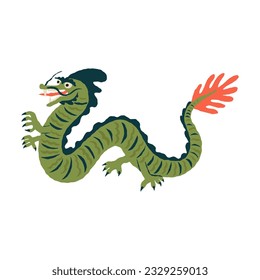 Oriental Asian green wooden dragon, lunar symbol upcoming 2024 New Year, Traditional Asian mythical animal. Vector hand-drawn illustration with retro vibes.