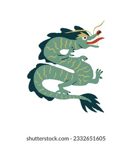 Oriental Asian green wooden dragon, lunar symbol upcoming 2024 New Year, Traditional Asian mythical animal. Vector hand-drawn illustration with retro vibes.