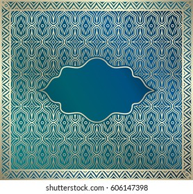 Oriental Asian ornate square background with empty frame for text. Luxury greeting card or invitation in blue and gold colors. Vector