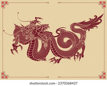 Oriental Asian red dragon zodiac sign. Vector illustration in engraving technique of coiled serpent dragon with horns on traditional textured background.