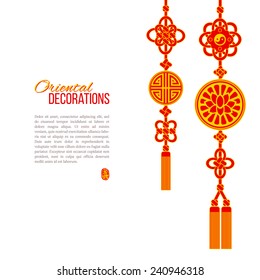 Oriental Asian red and golden tassel decorations. Lotus image, ying yang symbol and knot elements. Stamp with a Chinese hieroglyph for 'joy'.