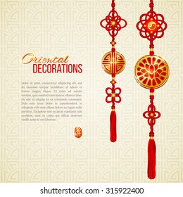 Decoración oriental asiática de tonos rojos y dorados. Imagen Lotus, símbolo yin yang y elementos nudos. Sello con jeroglífico chino para 'alegría'. Decoración perfecta para el Año Nuevo asiático o el Festival de la Cosecha.Vector.