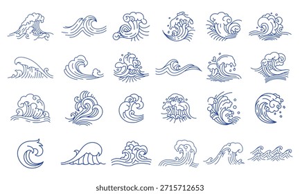 Orientalisch asiatische Meereswellen Vektor Linie Kunst inspiriert von japanischen und chinesischen Vintage Ocean Water Flow mit blauen Spritzer, Tsunami Surf, Wirbel und Ripple Patterns.