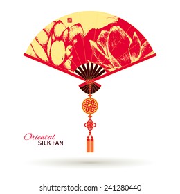 Oriental Asian silk fan with floral painting (lotuses). Stamp with hieroglyph for 'Blessing'. Pink and golden tassel with yin yang symbol and knot elements. Vector