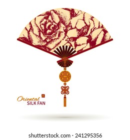 Oriental Asian silk fan with floral painting (roses). Purple and golden tassel with knot elements. Stamp with hieroglyph for 'Blessing'. Vector