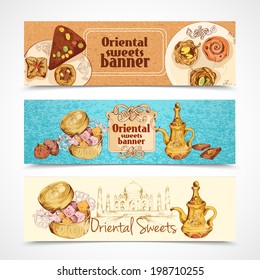 Oriental asian traditional sweet desserts banners set isolated vector illustration