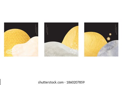 Oriental background with gold texture vector. Watercolor painting with Japanese wave pattern in Asian style. Abstract curve  template.