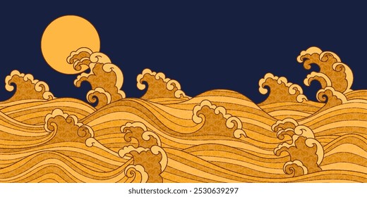 Fondo oriental con ondas marinas dibujadas a mano con colores dorados y textura plana. Ideal para Anuncios modernos, cubiertas y decoraciones de Sitio web.
